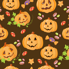 Beautiful seamless pattern. Sweets, pumpkins, candies. Set of Elements for the celebration of Halloween. Vector illustration isolated on white background.
