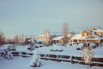 A Neighborhood in Winter with Snow Covered Cars. Houses and Trees - obrazy, fototapety, plakaty