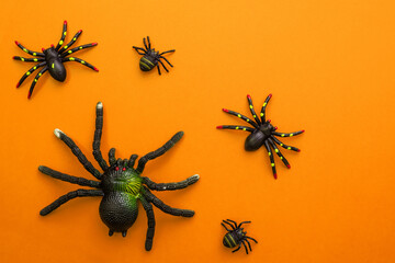 Group of black toy spiders on a orange background for halloween. Halloween background with spiders
