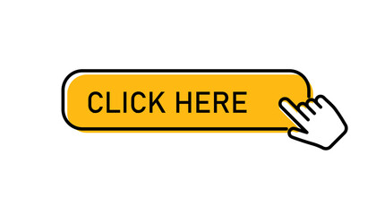 Click here button, with hand icon pointer clicking. Vector.