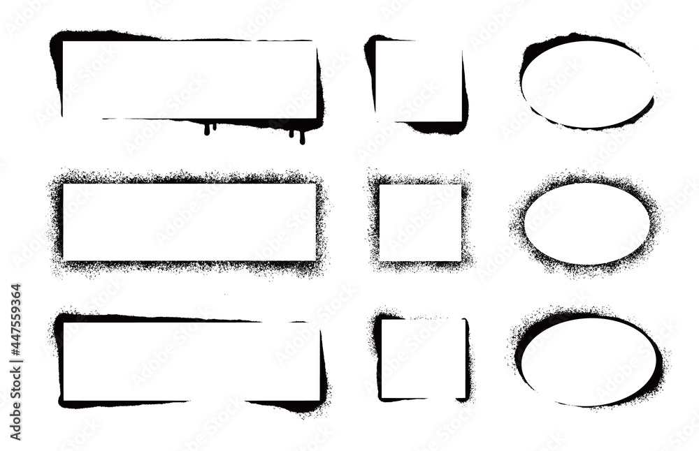Poster Stencil spray paint frame set. Grunge graffiti style black frame. Isolated vector illustration with drop paint border. Stencil spray effect.