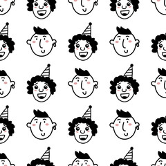 Hand drawn doodle style background human faces. Portraits of various men and women. Trendy black and white vector seamless pattern.