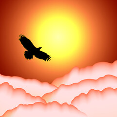 Naklejka na ściany i meble Bird on the background of the sun.Flying bird and clouds on the background of the sun in vector illustration.