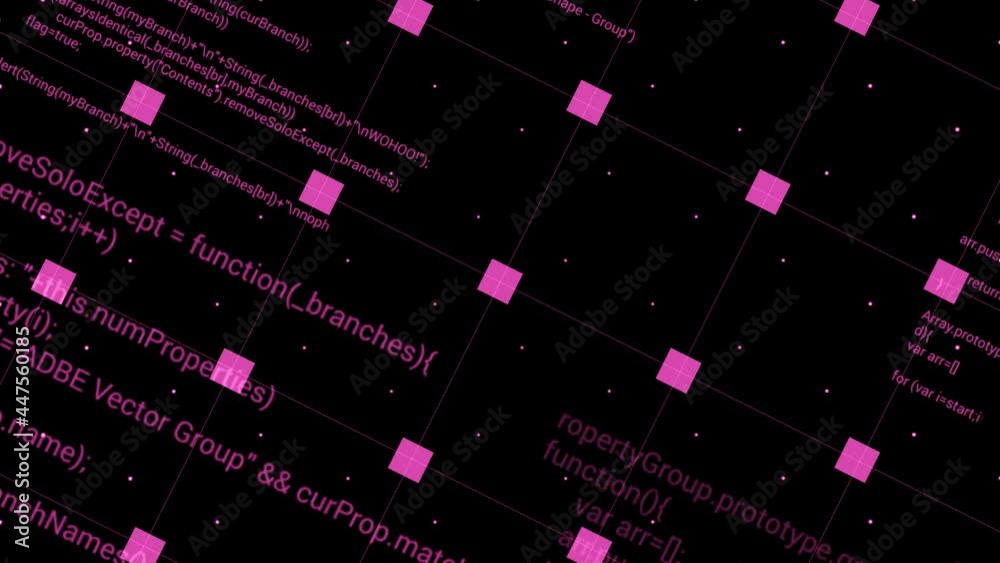 Poster rotating background with grid and program code. motion. grid with squares and written program code r