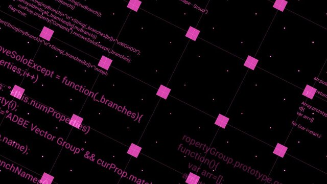 Rotating background with grid and program code. Motion. Grid with squares and written program code rotates on black background. Program codes in grid. Beautiful hacker background