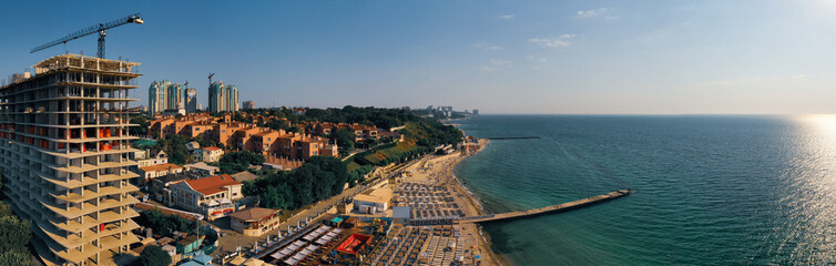 Air panorama the Golden shore beach in Odessa Ukrane. Drone footage, natural light.