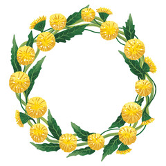 illustration a wreath of yellow dandelions for a wedding or other celebration for invitations