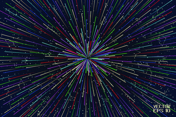 Abstract Iridescent Geometric Spatial Pattern. Festive Firework Isolated on Night Starry Background. Illustration of Explosive Starburs with Rays. Vector. 3D Illustration
