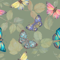 Seamless botanical pattern. Dragonfly butterflies and leaves painted in watercolor. Seamless wallpaper for design, packaging, textiles. Original wrapping paper