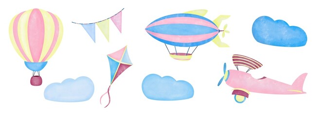 Naklejka premium Watercolor set. Airship, kite, airplane, aerostat hot air balloon and flags in the clouds on white background. Digital illustration for kids children. Print quality.