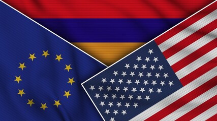 Armenia United States of America European Union Flags Together Fabric Texture Effect Illustration