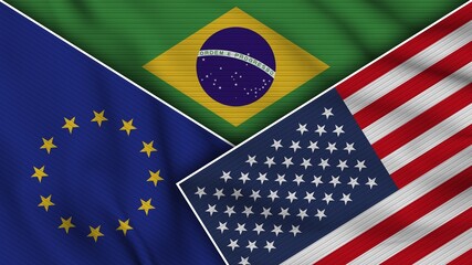 Brazil United States of America European Union Flags Together Fabric Texture Effect Illustration