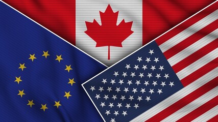 Canada United States of America European Union Flags Together Fabric Texture Effect Illustration