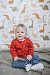 Fototapeta premium baby child sitting on the floor and playing with his toys in the children's room