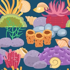 Coral reef. The bottom of the reservoir. Sea ocean. Underwater landscape with plants, algae and corals. Seamless. Illustration in cartoon style. Flat design. Vector art