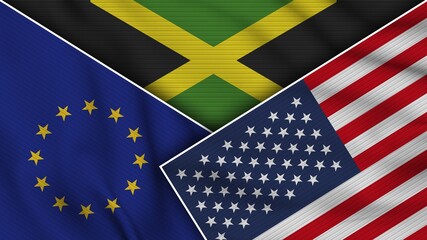 Jamaica United States of America European Union Flags Together Fabric Texture Effect Illustration