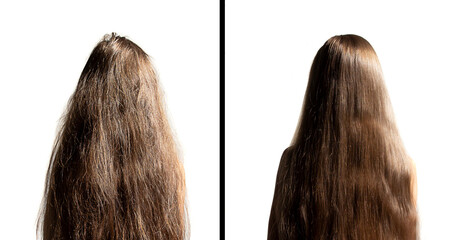 on a white background female head with long hair. before and after using a special shampoo. obedient hair concept