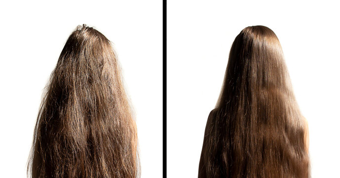 on a white background female head with long hair. before and after using a special shampoo. obedient hair concept