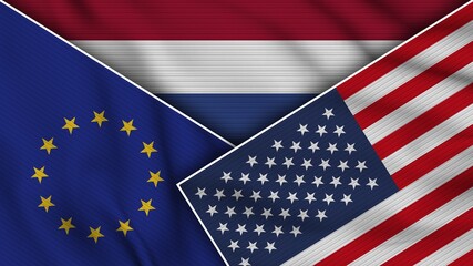 Netherlands United States of America European Union Flags Together Fabric Texture Effect Illustration