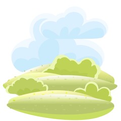 Rural beautiful landscape. Cartoon style. Clouds. Hills with grass and forest trees. Lush meadows. Cool romantic beauty. Flat design illustration. Vector art