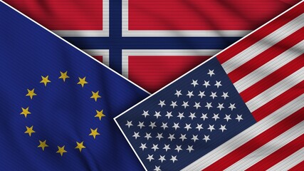 Norway United States of America European Union Flags Together Fabric Texture Effect Illustration