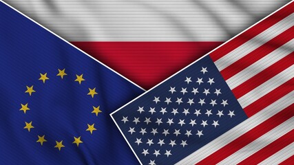 Poland United States of America European Union Flags Together Fabric Texture Effect Illustration