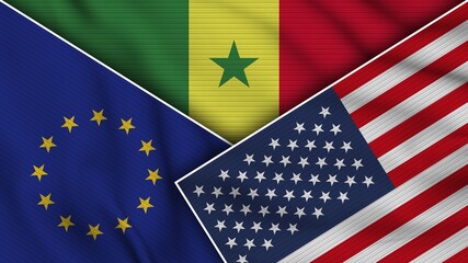 Senegal United States of America European Union Flags Together Fabric Texture Effect Illustration