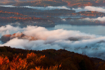 Fototapeta premium Solina Lake at autumn sunrise, Solina, Polańczyk, Bieszczady, sunrise