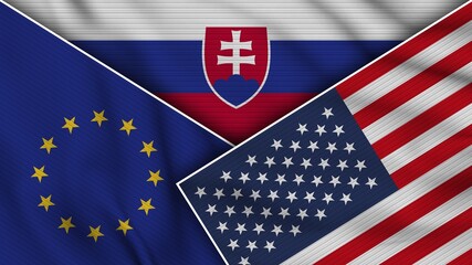 Slovakia United States of America European Union Flags Together Fabric Texture Effect Illustration