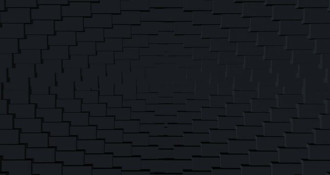 Drop down carbon tiles in futuristic dark frame. Industrial 3d render of black metal brick steps spreading in circle. Opening airlock on spaceship. Wall even blocks and gradient minimalist decor