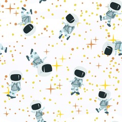 Astronauts in spacesuits. Cosmos background. Seamless pattern. Childrens illustration. Starry sky landscape. Flat style. Cartoon design. Vector