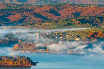 Solina Lake at autumn sunrise, Solina, Polańczyk, Bieszczady, sunrise - obrazy, fototapety, plakaty