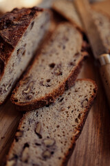 Close up of walnut bread loaf slices