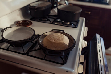 Bread in a cast iron pan to bake on the stovetop