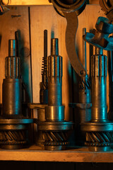 A lot of old rusty instruments in vintage dirty garage.