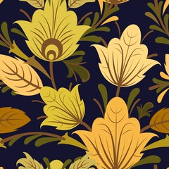 Summer vegetable seamless pattern. Traditional. Beautiful ornament with interlacing branches and flowers on a dark background. Flatly symbolic style. Country wild herbs. Vector