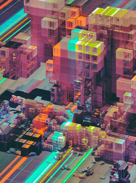 Neon grid highlights city and transportation