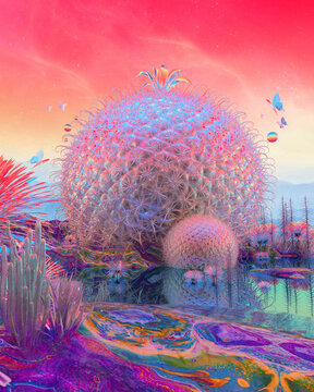 Psychedelic vaporwave surreal oasis planet with rainbow plants