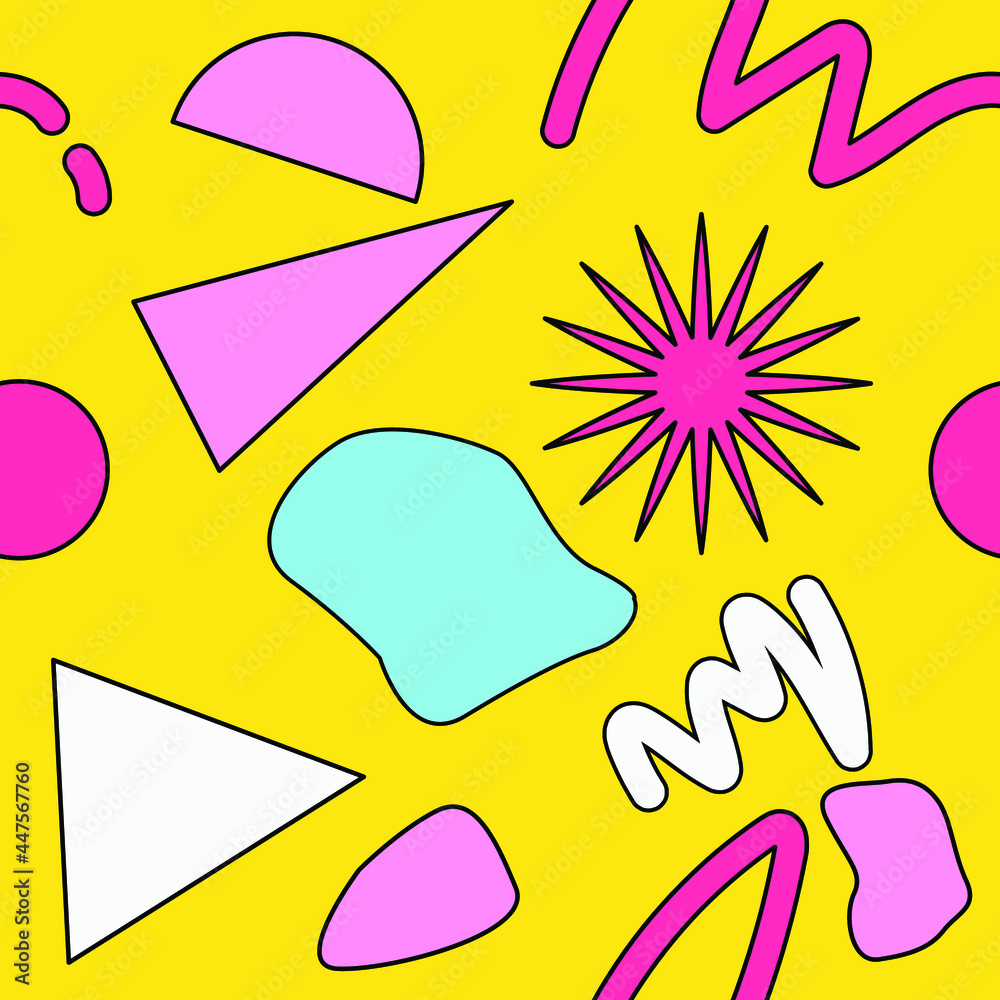 Poster Neo-memphis seamless pattern with different geometric shapes. Retro 80's-90's style.