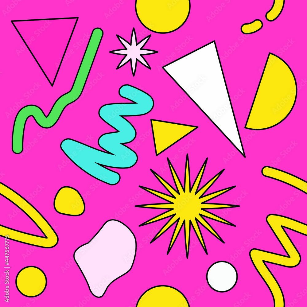 Poster Neo-memphis seamless pattern with different geometric shapes. Retro 80's-90's style.