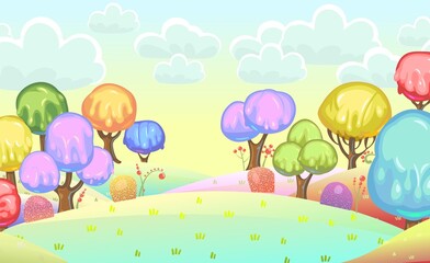 Obraz na płótnie Canvas Candy background. Cartoon sweet land. Beads of jelly, ice cream and caramel. Chocolate. Cute childrens fairy landscape. Clouds. Beautiful fantastic illustration. Vector