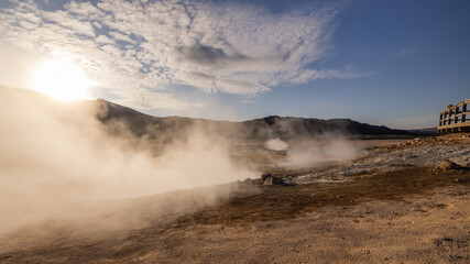 Hverir geothermal mud springs in Iceland close to lake Myvatn. View of sulphur fumes and bubbling lakes of mud.