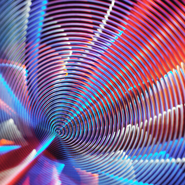 Neon spiral glowing metallic warp tunnel