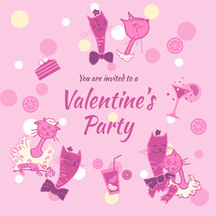 Vector illustration of cats in love for st.Valentine s day. Pictures of cats in vector format for the design of a romantic celebration, postcards, posters, invitations for a Valentine s day party.