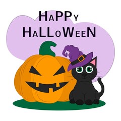 Obraz premium Happy Halloween. Vector flat illustration. Holiday symbols.