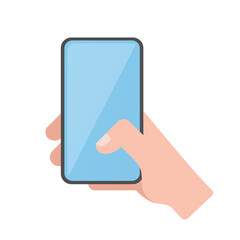 Human hand holding a smartphone. Colored vector flat illustration. Isolated on white background.