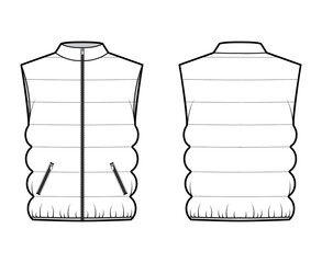Down vest puffer waistcoat technical fashion illustration with stand collar, zip-up closure, pockets, oversized, classic quilting. Flat template front, back, white color. Women, unisex top CAD mockup © Vectoressa
