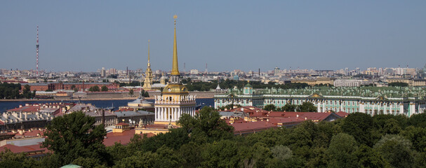 panoramic top view of the historical center of the city and the high spire of the Admiralty on a sunny summer day and a space for copying in Saint-Petersburg