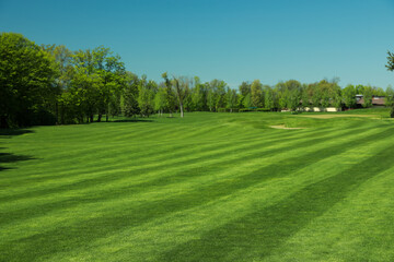 Fototapeta na wymiar Picturesque view of golf course with fresh green grass and trees
