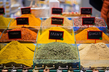 Variety of traditional spices on street market in Turkey